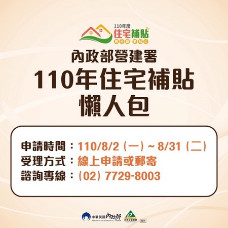 110年度住宅補貼受理期限至110年8月31日17時止